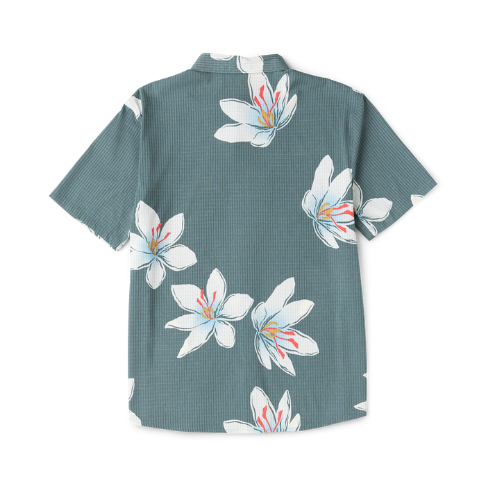 Slate green short-sleeve shirt with white and red floral print, displayed flat on white background showing back view