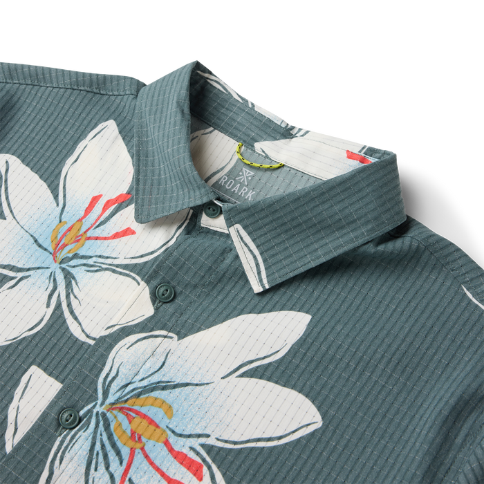 Bless Up Breathable Stretch Shirt in slate green with white and red floral print, displayed flat lay with collar detail visible