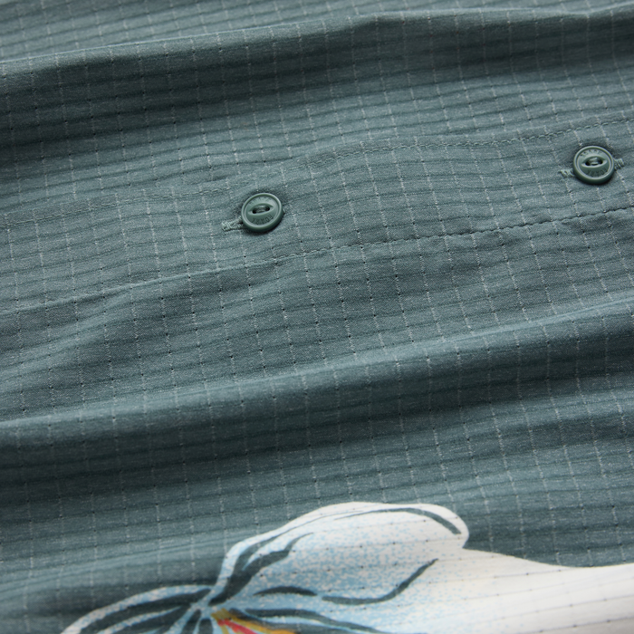 Slate green Bless Up Breathable Stretch Shirt detail shot showing quilted texture, ventilation eyelets, and fabric weave pattern