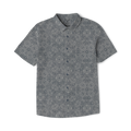 Slate gray short sleeve shirt with all-over sunflower and geometric pattern design, displayed flat on white background