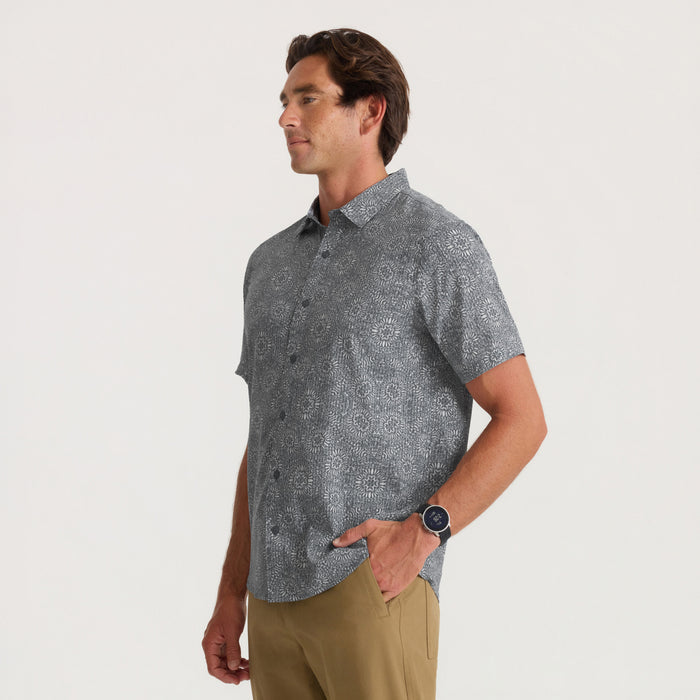 Bless Up Breathable Stretch Shirt in slate gray with geometric print, worn by man in side profile view against neutral background