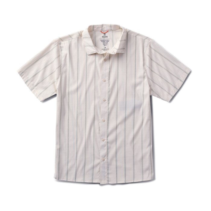 Close-up of a versatile Roark active dress shirt featuring detailed stitching on the sleeve, collar, and buttons, ideal for adventure and travel.