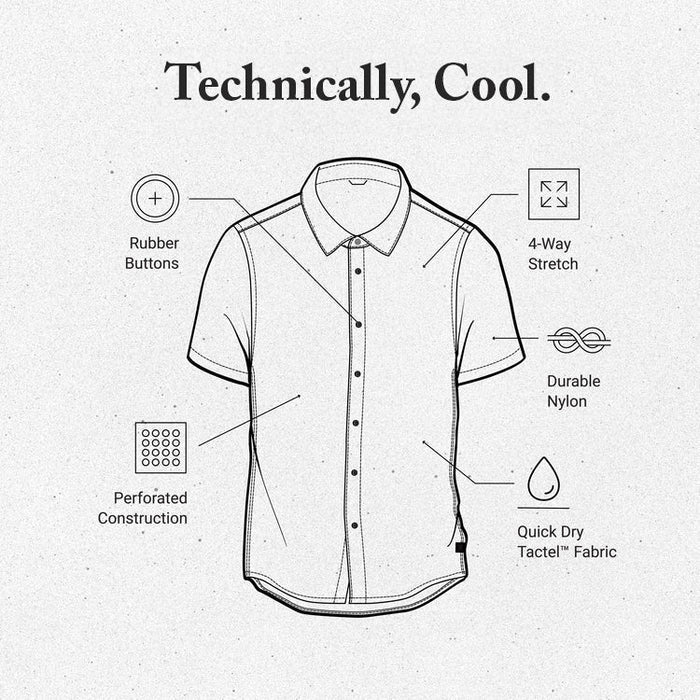 Bless Up Breathable Stretch Shirt technical diagram showing rubber buttons, four-way stretch, durable nylon, perforated construction