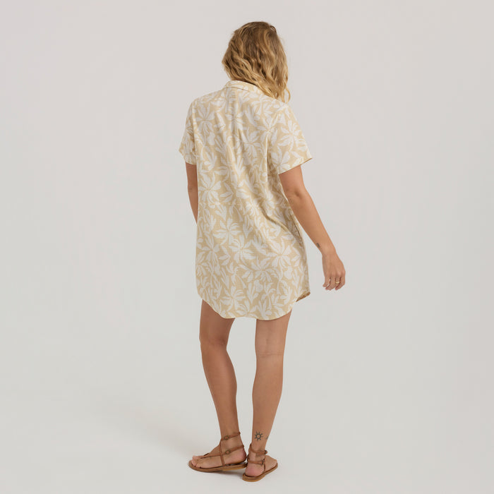 Adventure-inspired day dress with a unique motif, perfect for travel and outdoor activities.