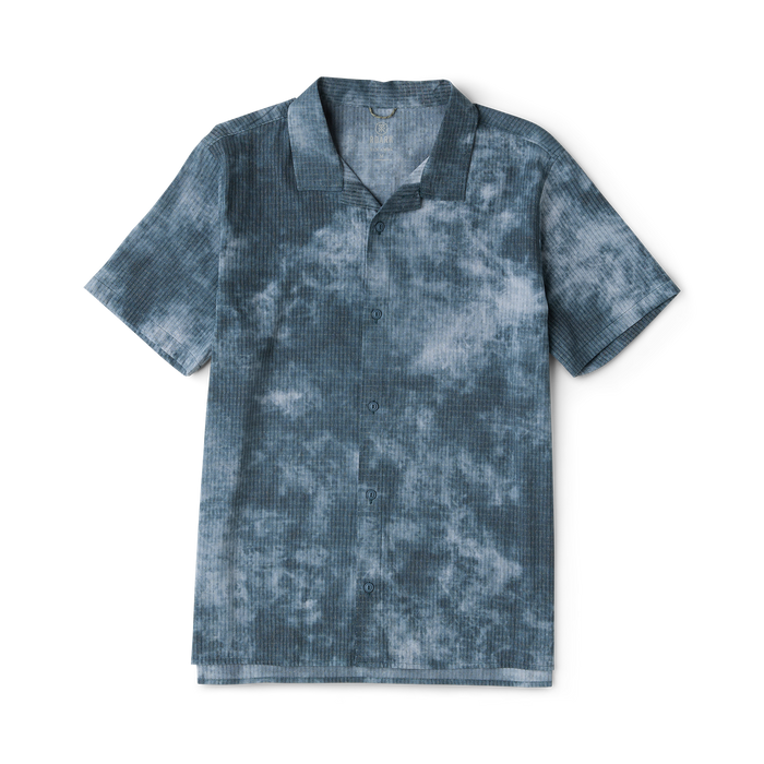 Dark slate tie-dye button-up shirt with short sleeves and ribbed texture, displayed flat against white background
