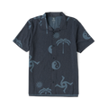 Dark navy ribbed button-up shirt with blue tropical print featuring palm trees, suns, and moons on flat lay display