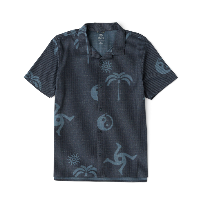 Dark navy ribbed button-up shirt with blue tropical print featuring palm trees, suns, and moons on flat lay display