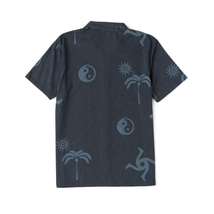 Dark gray ribbed short-sleeve button-up shirt with blue tropical print featuring palm trees, sun, and moon symbols
