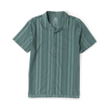 Slate green short-sleeve button-up shirt with vertical striped jacquard pattern, displayed flat on white background