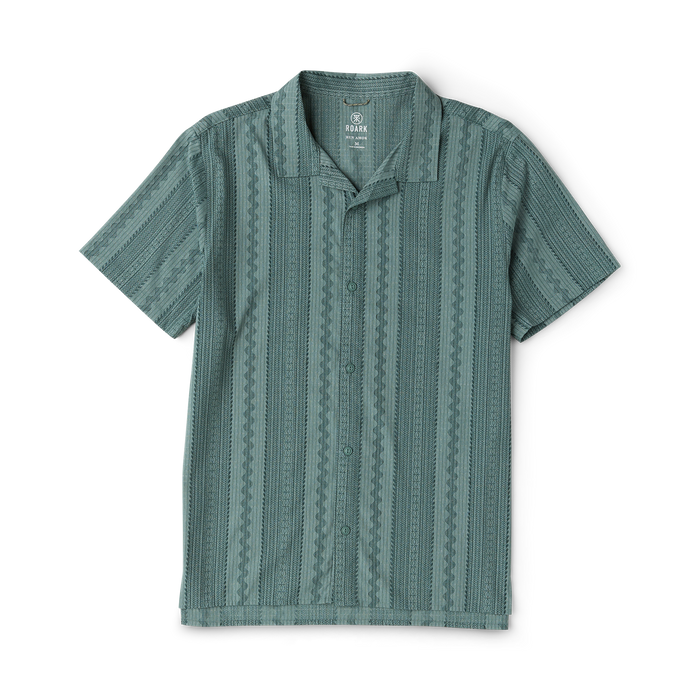 Slate green short-sleeve button-up shirt with vertical striped jacquard pattern, displayed flat on white background