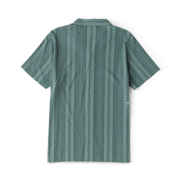 Slate green short-sleeve button-up shirt with vertical textured stripe pattern, displayed flat lay on white background
