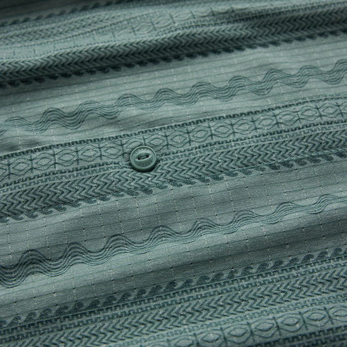 Slate green Bless Up Trail Button Up Shirt flat lay detail showing textured fabric with geometric patterns and button closure
