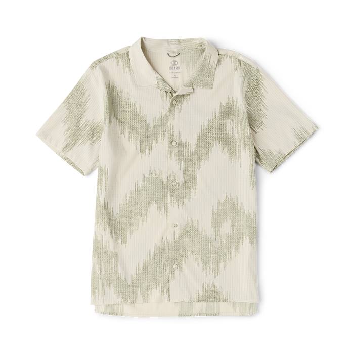 Bless Up Trail Button Up Shirt in sand with sage green diamond pattern, flat lay on white background