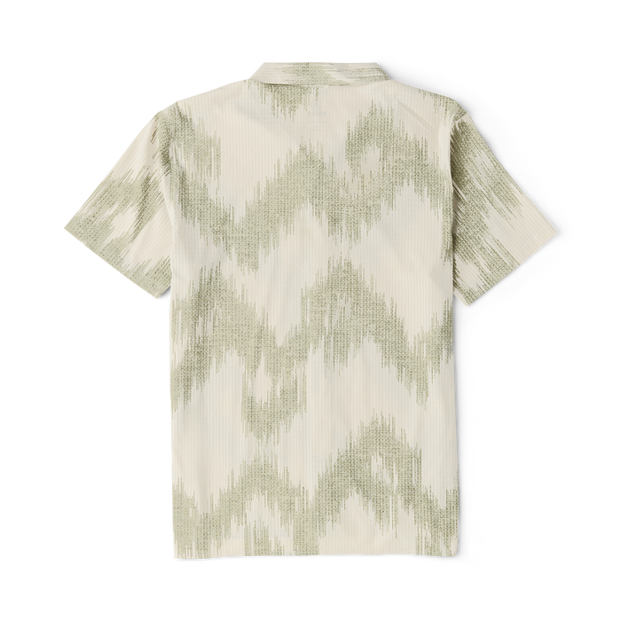 Bless Up Trail Button Up Shirt in sand with sage green ikat diamond pattern, displayed flat lay on white background