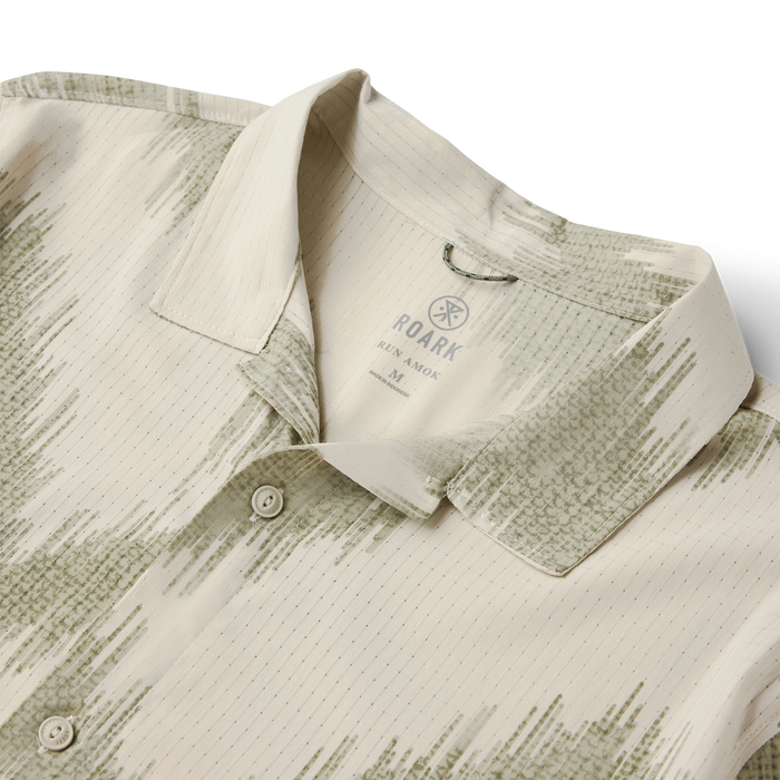 Roark Bless Up Trail Button Up Shirt in sand with textured stripe pattern, folded flat lay showing collar and buttons