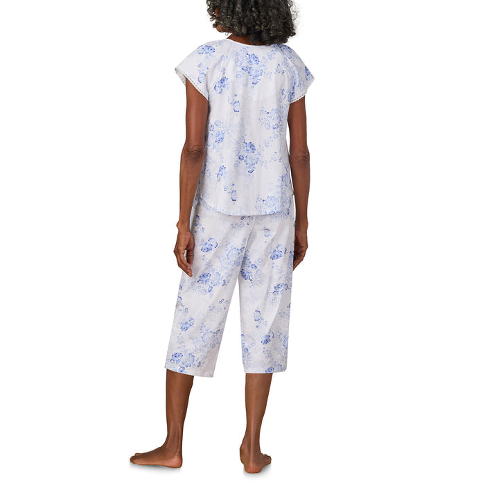 A lady wearing Blue Floral Cotton Jersey Capri PJ Set