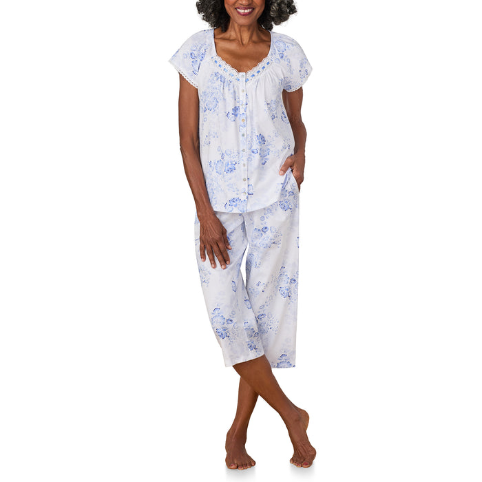 A lady wearing Blue Floral Cotton Jersey Capri PJ Set