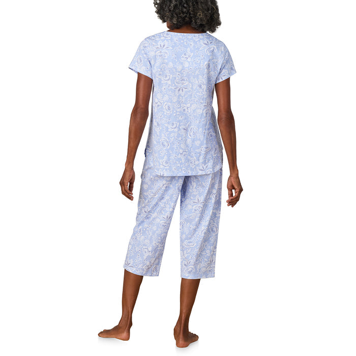 A lady wearing Blue Roses Cotton Jersey Capri PJ Set