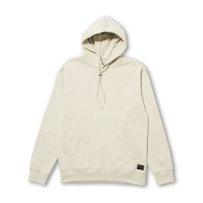 Cream-colored Bolo Fleece Hoodie displayed flat lay with drawstring hood, front kangaroo pocket, and small brand patch visible