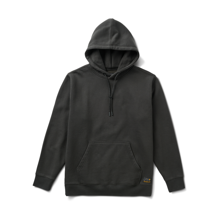 Close-up of a grey Roark hoodie featuring a hood and a front pocket, designed for adventure and outdoor activities.