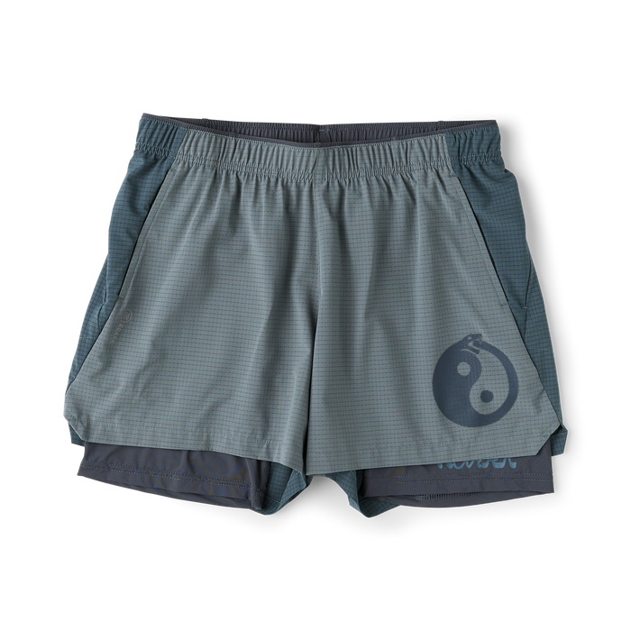 Roark Bommer 3.5" shorts in slate gray with yin-yang symbol, shown flat lay with darker underlayers visible