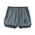Roark Bommer 3.5" shorts in slate gray with yin-yang symbol, shown flat lay with darker underlayers visible