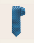 Dark blue diamond icon patterns on a light sky blue tie on a beige background