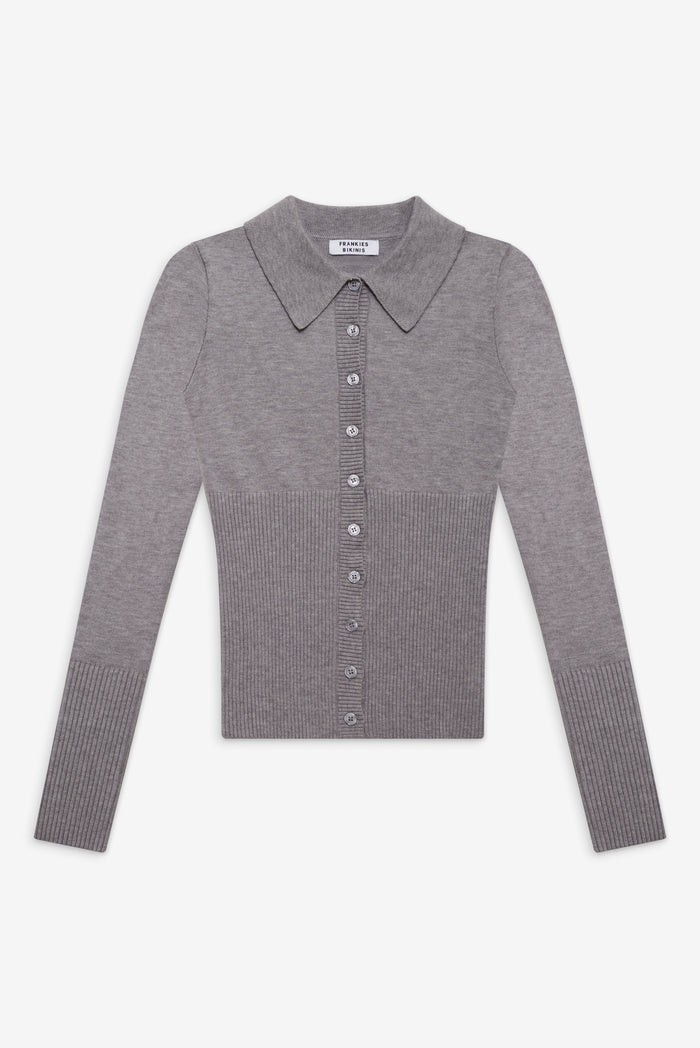 Brooks ribbed knit collared button up sweater grey rain cloud