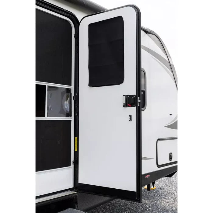 Black Camco Light Blocking Door Window Shade - RV Installation View | United RV Parts