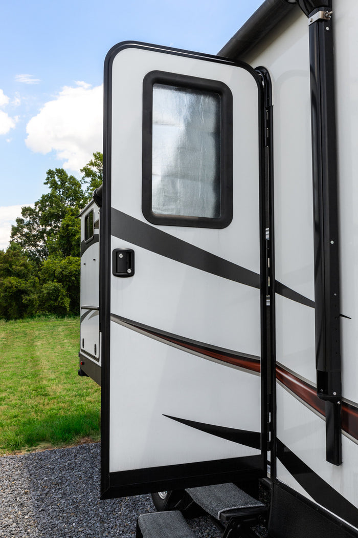 White RV Door with Camco Light Blocking Window Shade - Side Profile | United RV Parts