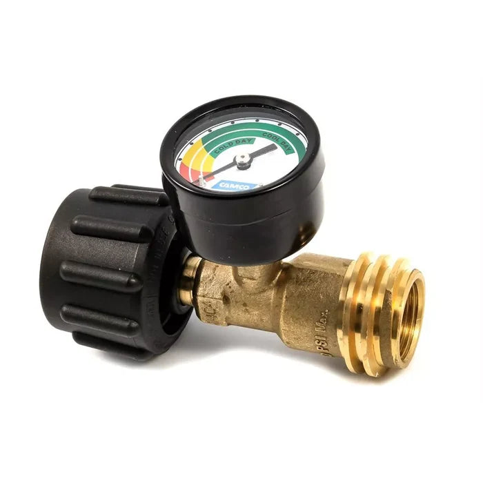 Camco 59023 LP Gas Regulator with Color-Band Gauge - 3/4 Angle View | United RV Parts