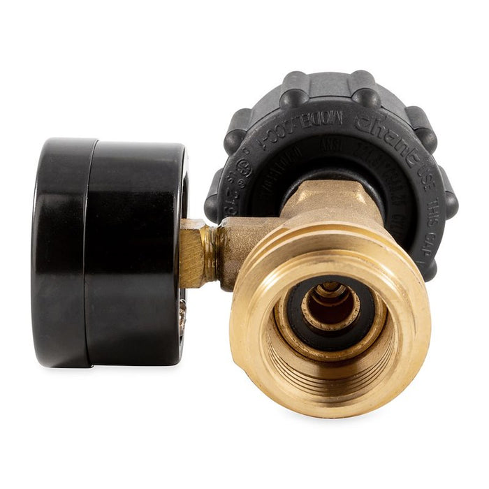 Camco 59023 LP Gas Regulator OPD Inlet Port Close-Up with Brass Valve - Top View | United RV Parts