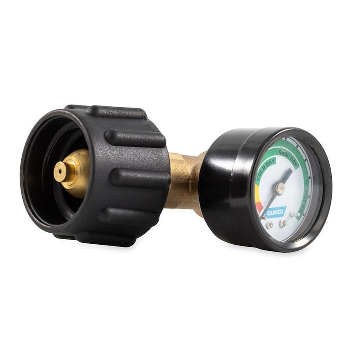 Camco 59023 LP Gas Regulator Gauge Horizontal Orientation Showing OPD and Outlet - Angled View | United RV Parts