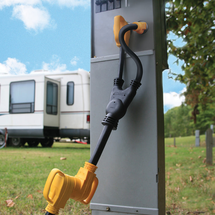 Camco Power Maximizer Adapter Connected to RV Power Outlet - In Use | United RV Parts