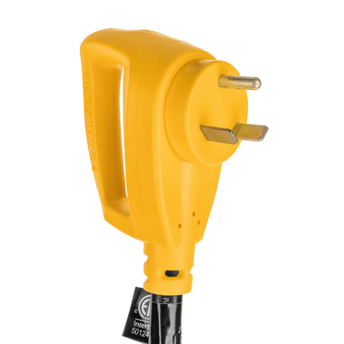 Yellow 50 Amp RV Power Plug with Brass Prongs - Close-Up Detail | United RV Parts