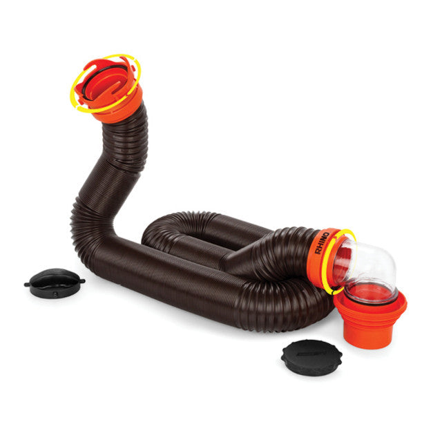 Camco RhinoFLEX RV Sewer Hose Kit 39761 Flexible Brown Hose with Orange Swivel Fittings - Angled View | United RV Parts