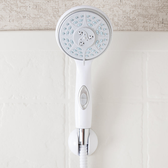 White Camco RV Shower Head 43711 Mounted on Bracket in Shower - Front Lifestyle View | United RV Parts