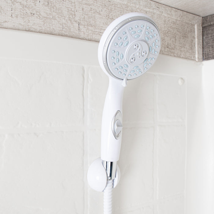 White Camco RV Handheld Shower Head 43711 on Wall Mount with Hose - Side Lifestyle View | United RV Parts