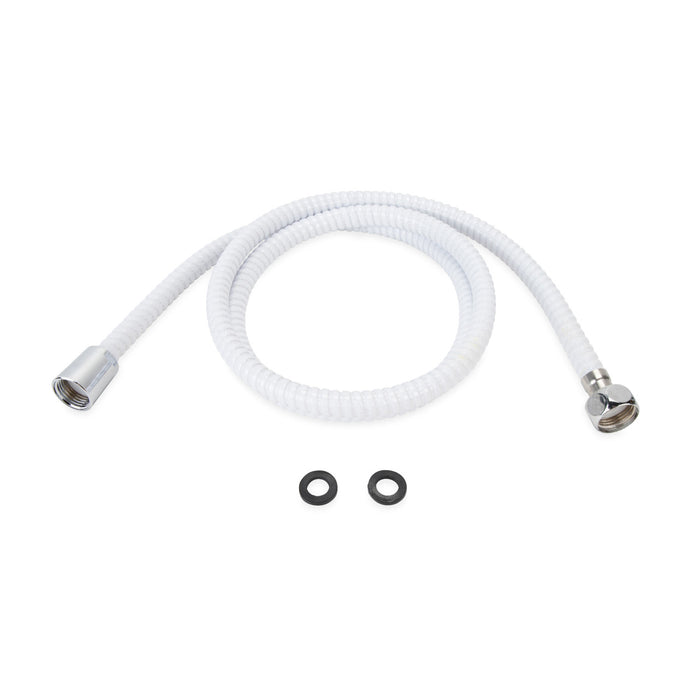 White Camco 43717 60-Inch RV Shower Hose with Chrome Connectors and Rubber Washers - Flat Lay | United RV Parts