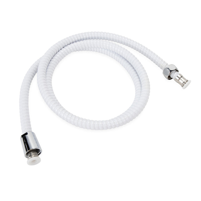 White Reinforced RV Shower Hose 60-Inch with Chrome Swivel Connectors - Side Profile | United RV Parts
