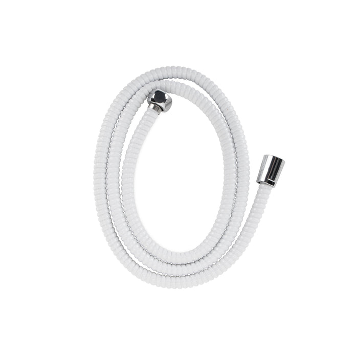 White Flexible RV Shower Hose with Chrome Fittings - Coiled Flat Lay | United RV Parts