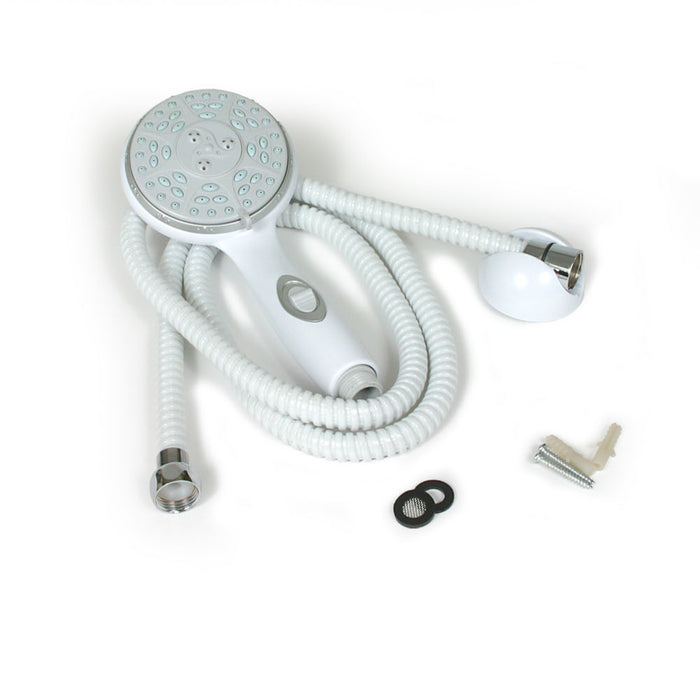 Camco 43714 RV Shower Head Kit Complete Contents - Handheld Head, Hose, Holder and Hardware Flat Lay | United RV Parts