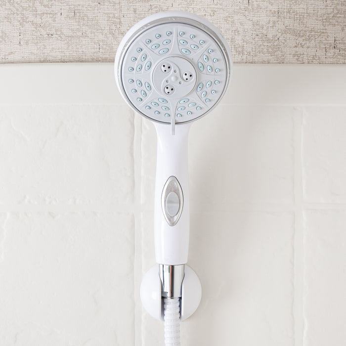 White Camco 43714 RV Handheld Shower Head with On/Off Switch in Wall Holder - Front Lifestyle View | United RV Parts