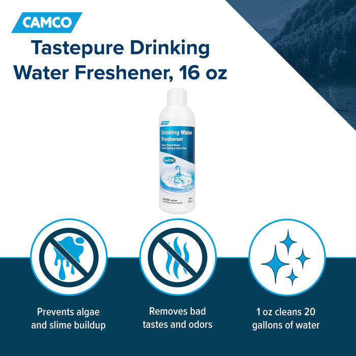 Camco TastePURE 16 oz Water Freshener Features Diagram - Product Benefits | United RV Parts