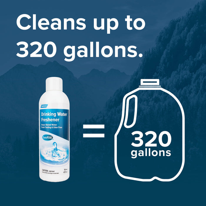 Camco TastePURE Capacity Comparison - 16 oz Cleans 320 Gallons Infographic | United RV Parts