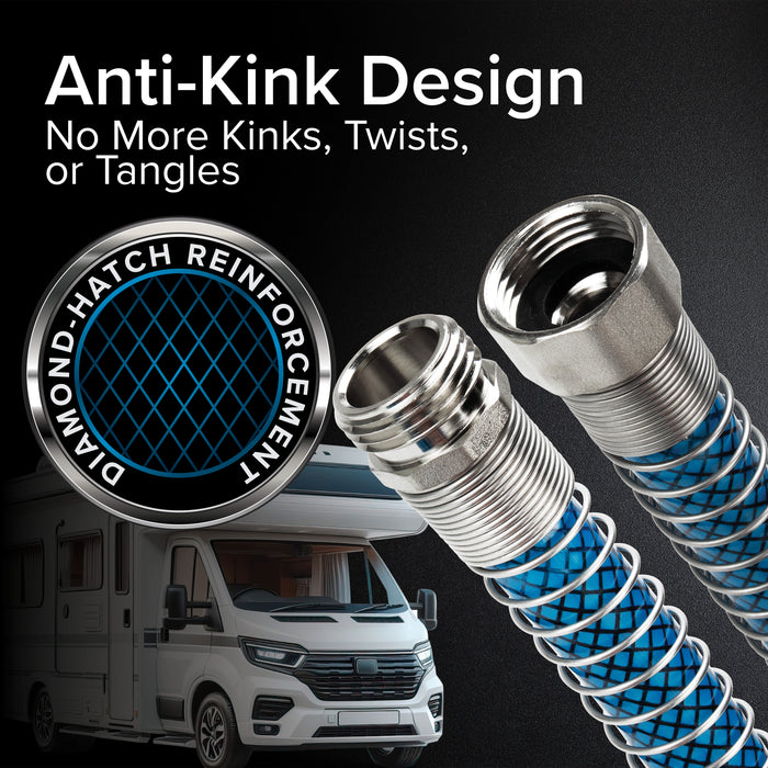 Anti-Kink Water Hose Design - Cross-Section View with Fittings Detail | United RV Parts