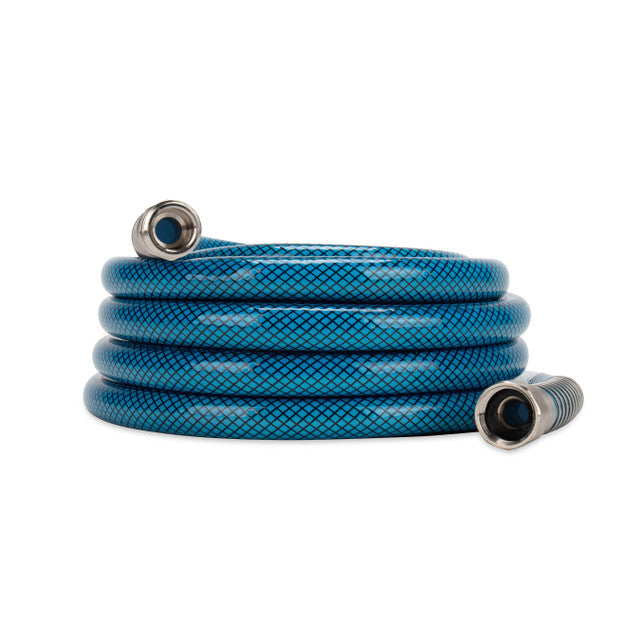Blue Reinforced RV Water Hose with Metal Fittings - Coiled View | United RV Parts