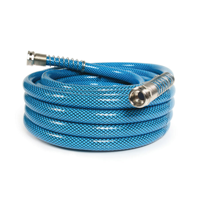 Blue Reinforced Anti-Kink RV Water Hose - Coiled View with Spring Guards | United RV Parts