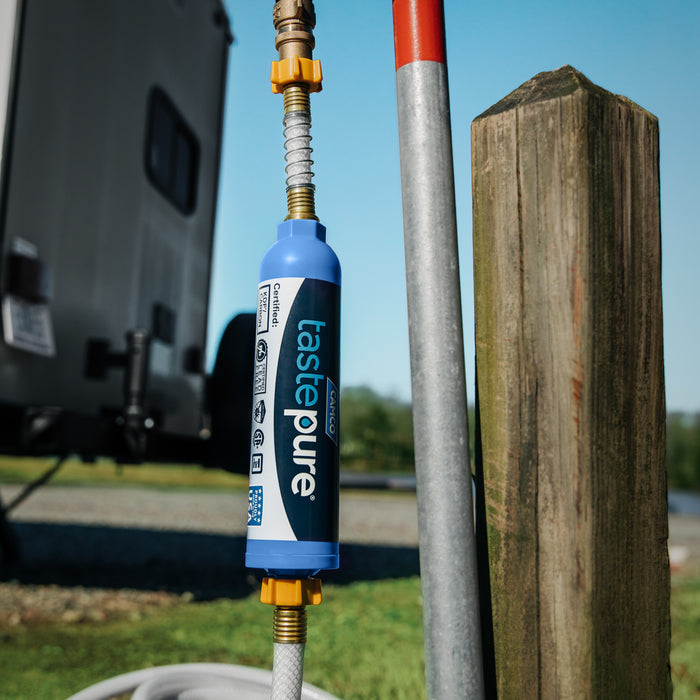 Blue Camco TastePURE Inline Water Filter Installed at RV Campsite | United RV Parts