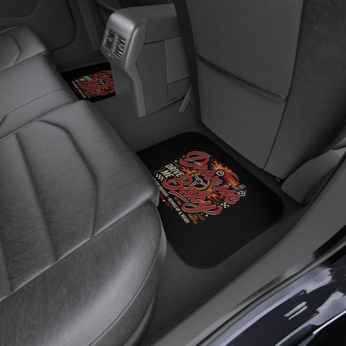 Car Mats — "Drive Me Baby" Retro Hot Rod Floor Mat Set (4-Pack)